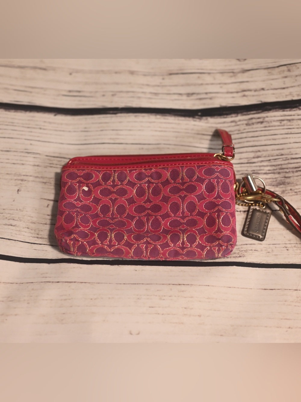 Coach Pink Signature Wristlet with Gold Accents